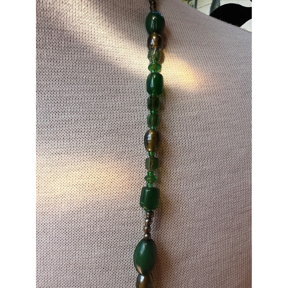 Vintage Green Glass Beaded Long Opera Strand Necklace Boho Layering Jewelry